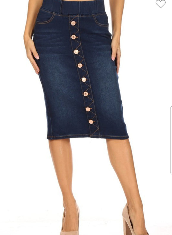 Stretch Pencil Jean Skirt With Buttons