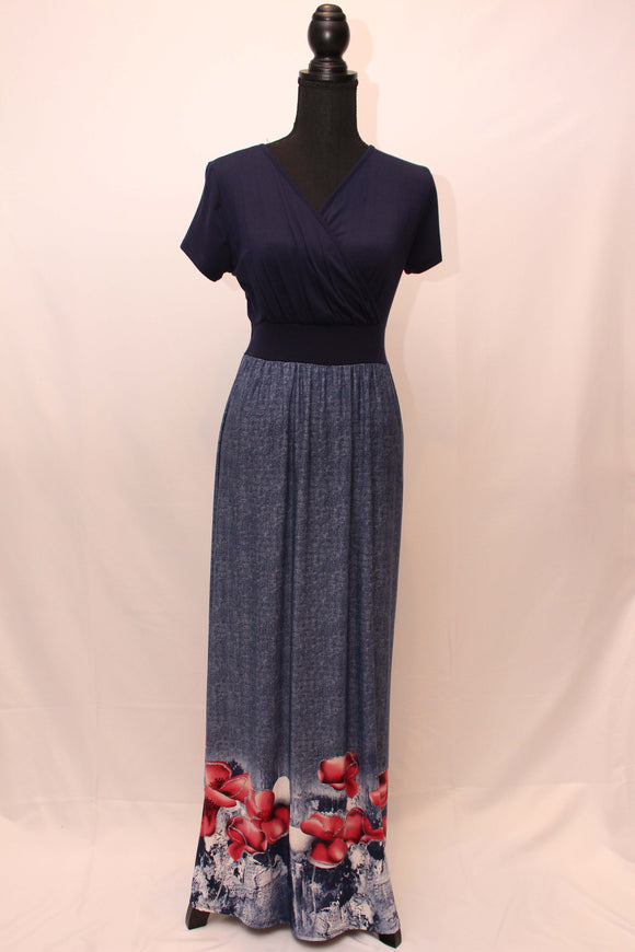 Navy Blue with Floral Bottom Maxi Dress