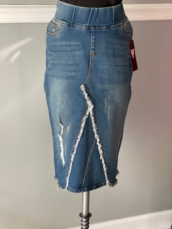 Elastic waist Jean Skirt with fringes