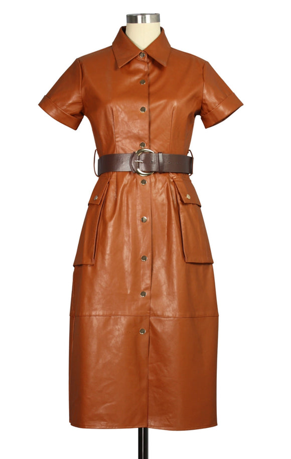 Faux Leather Midi Dress with Belt