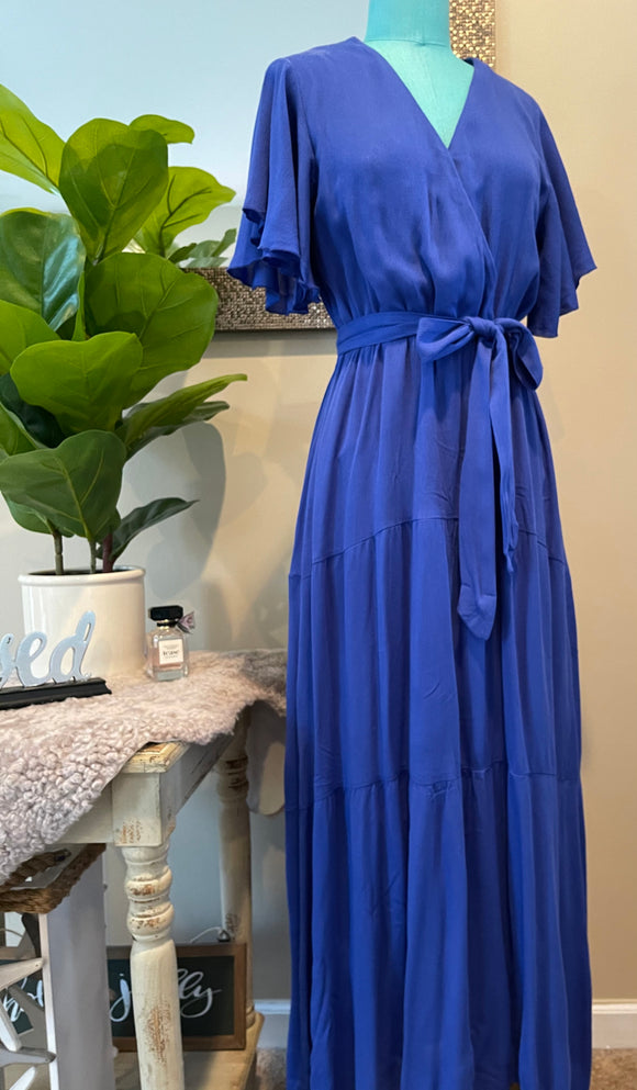 Cascade Sleeves Royal Blue Long Dress