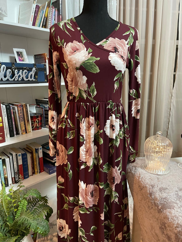 Burgundy & Dusty Rose Floral Maxi Dress