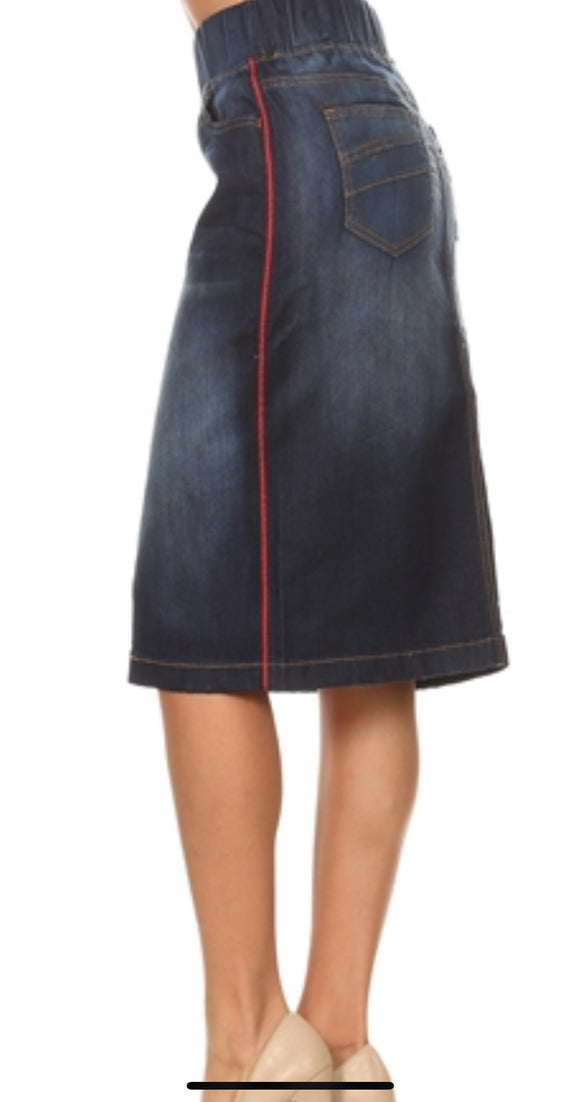 Elastic Waist Jean Skirt with Red Line Accent